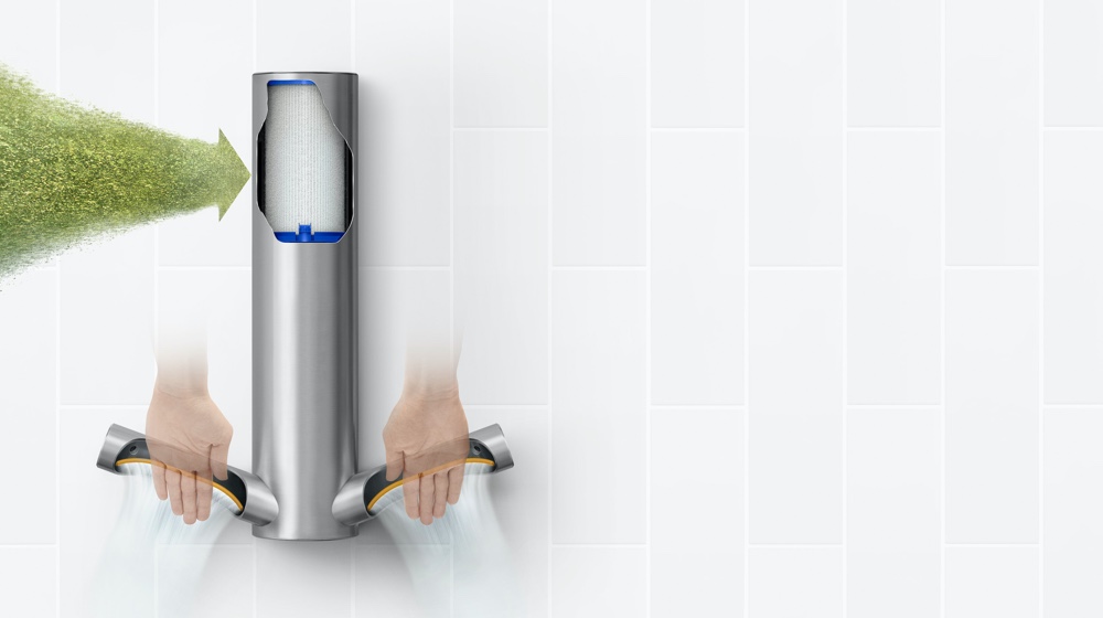 Ο  Dyson Airblade 9KJ στεγνωτήρας  χεριών σε απεικόνιση του φίλτρου HEPA με σχέδιο τομής.