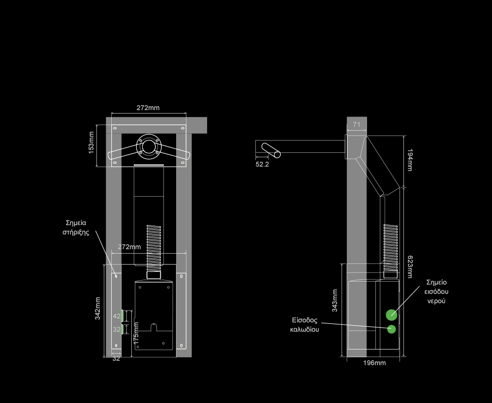 Εσωτερικές προδιαγραφές επιτοίχιου στεγνωτήρα χεριών βρύσης Dyson Airblade Tap Wall