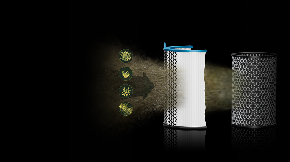 Το διπλό στρώμα φιλτραρίσματος του Dyson HushJet Compact Purifier αφαιρεί αλλεργιογόνα, ρύπους, οσμές και αέρια από τον αέρα.