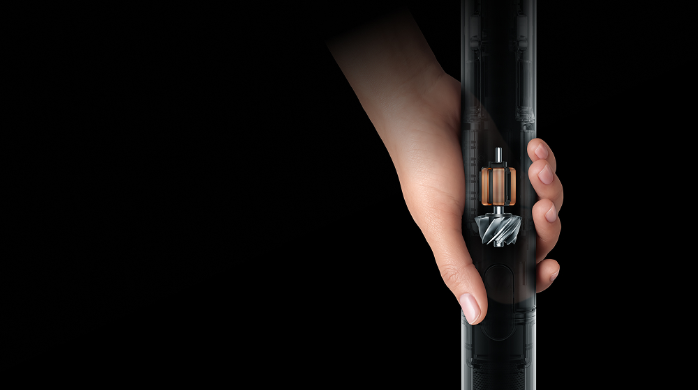 Τομή που δείχνει τον ισχυρό κινητήρα Hyperdymium 140k στο εσωτερικό της ηλεκτρικής σκούπας Dyson PencilVac.