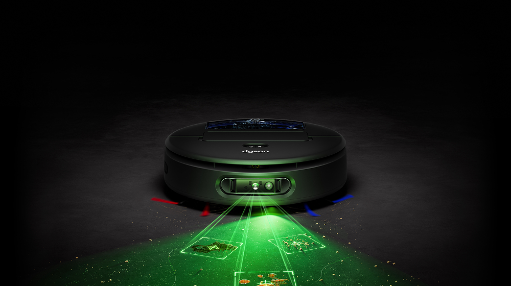 Αναπαράσταση του τρόπου με τον οποίο η ρομποτική ηλεκτρική σκούπα υγρού και ξηρού καθαρισμού Dyson Spot+Scrub Ai αποκαλύπτει κρυφούς λεκέδες και εντοπίζει χυμένα υγρά.